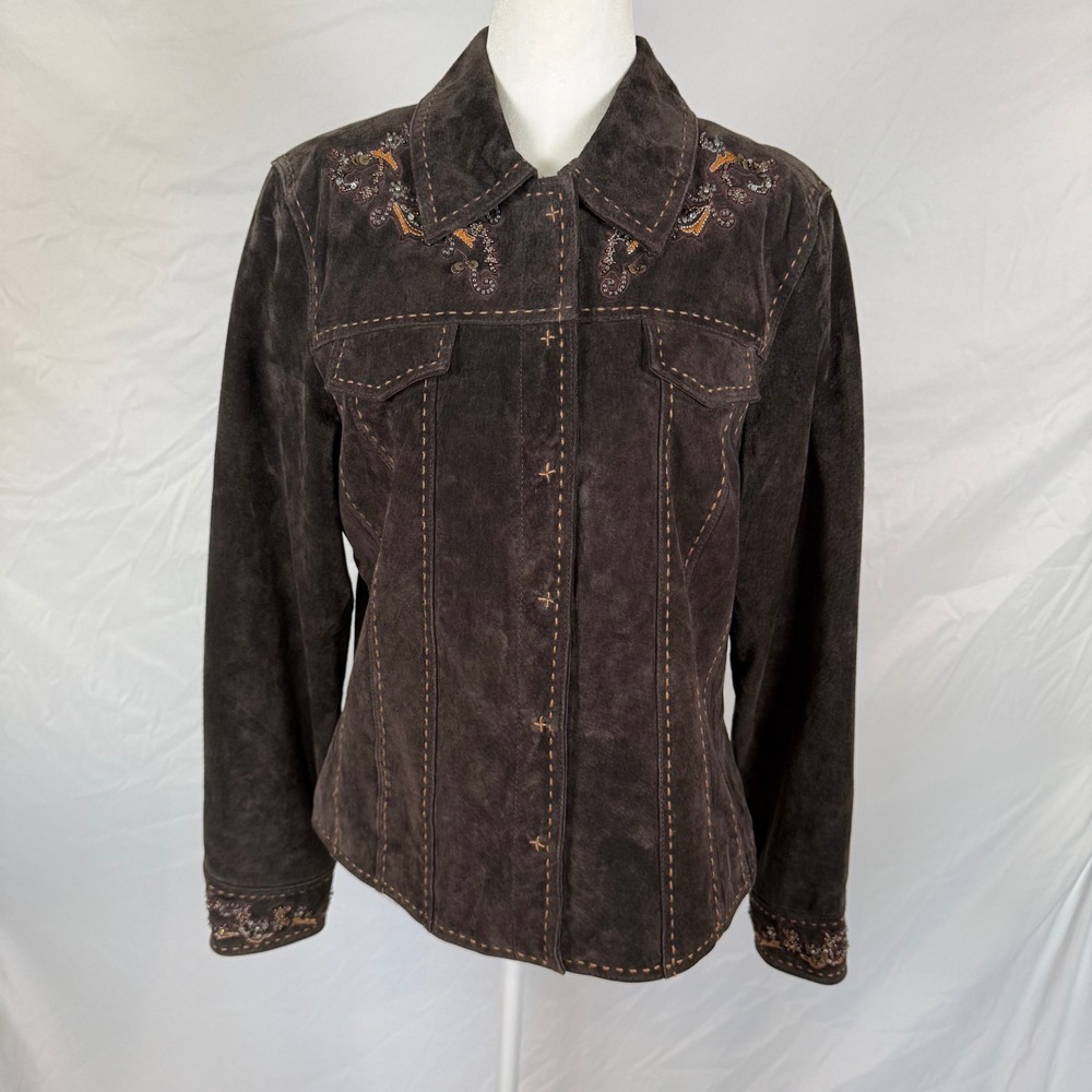 NWT Coldwater Creek Dark Gray Suede Leather Embroidered Sequin Western Jacket M